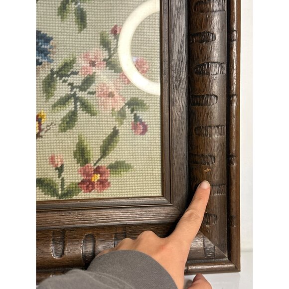 VTG Blue Jay Petit Point Needlepoint Framed Bird Art 17x20 Wall Decor Floral - Picture 4 of 6